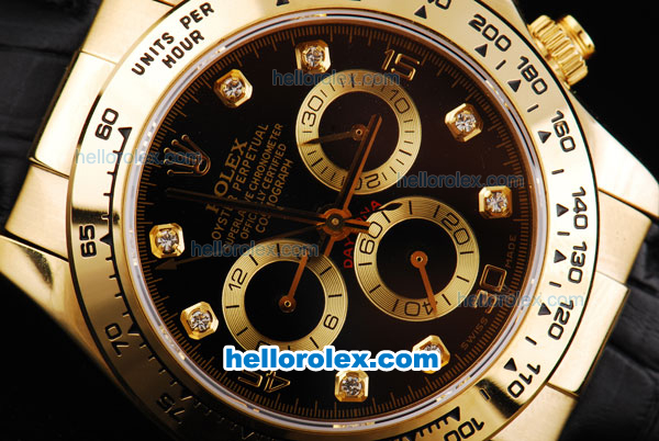 Rolex Daytona Oyster Perpetual Chronometer Automatic Gold Case with Black Dial and Diamond Hour Marker-Leather Strap - Click Image to Close
